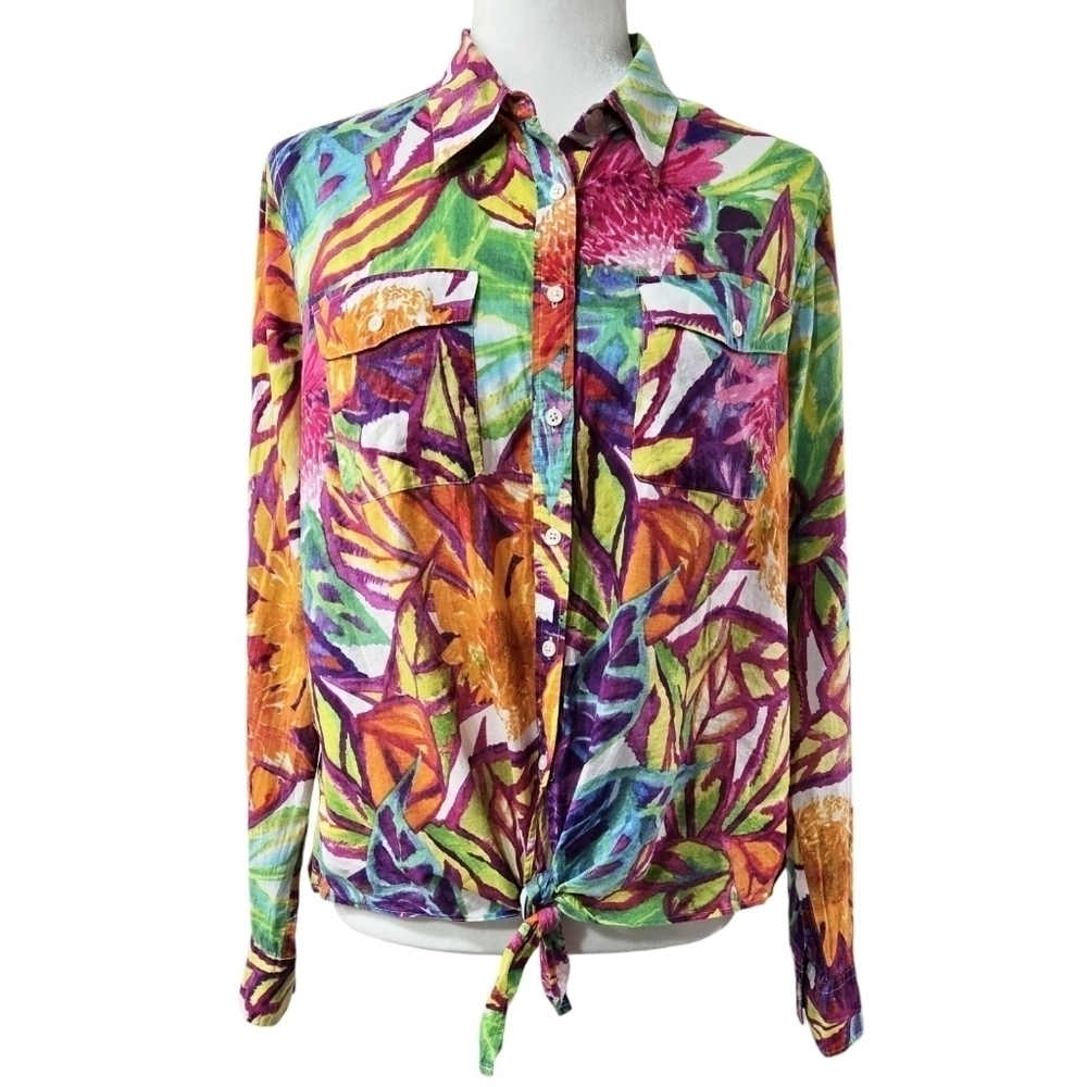 Lauren Ralph Lauren 100% Cotton Multicolor Floral Leaf Button-Up Shirt Tie Front